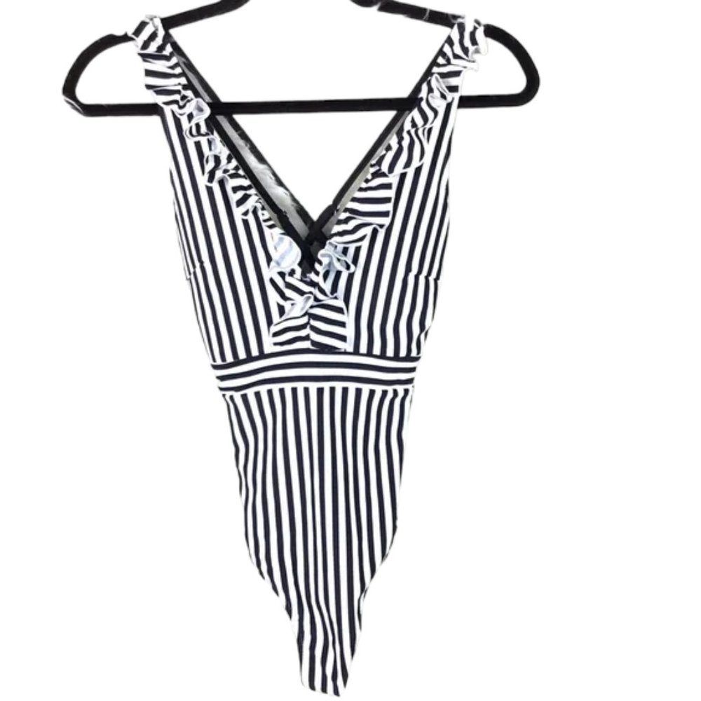 Cupshe One-piece Swimsuit black, white striped ruffle size Small New